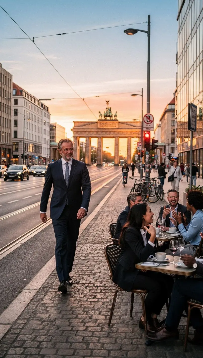 Panoramaaufnahme einer deutschen Großstadt bei Sonnenuntergang mit beleuchteten Bürogebäuden und Freizeitangeboten.